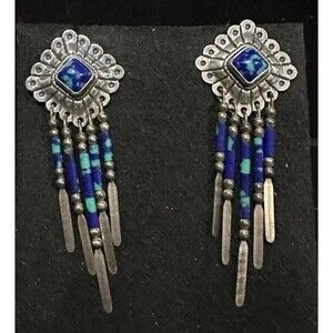 Vintage Sterling Silver STC Azurite Malachite Dangle Earrings Navajo Concho